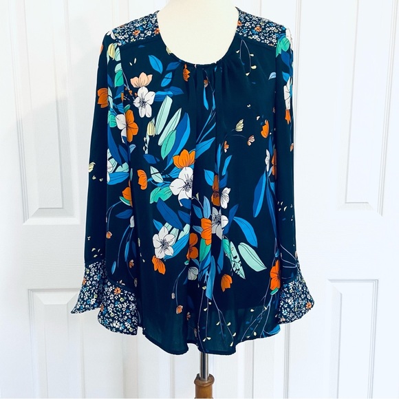 Nanette Lepore Navy Floral Blouse Mixed Print Bell Sleeves Boho Womens Sz L - Picture 2 of 10